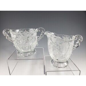 1940s Rose Point Creamer & Open Sugar Set Cambridge Glass Etched Pattern VTG